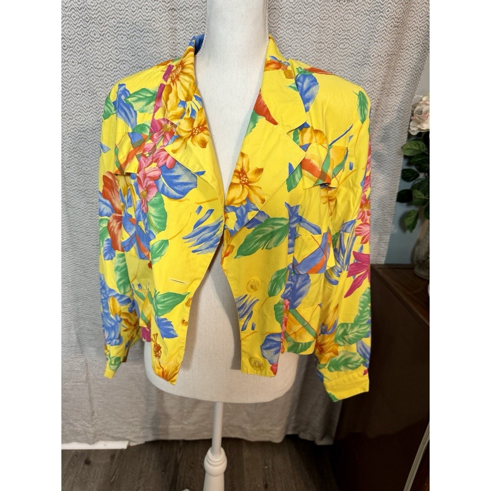 Vintage HW Yellow Floral Print tropical jacket cropped shoulder pads Buttons 6